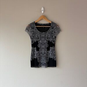 Black & white INC y2kfloral print top with sheer sleeves